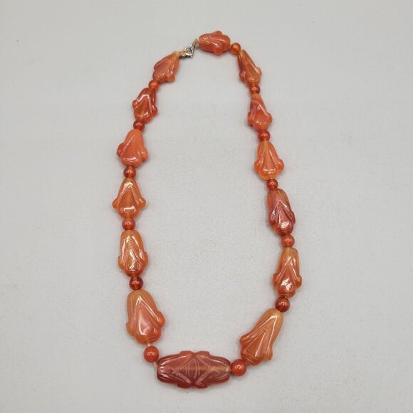 Antique Chinese Carved Red Carnelian Bead Necklace With Leaf Design - Picture 2 of 7